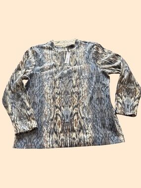 Chico's Sequined Abstract Stripe Top in Blue, Cream & Brown